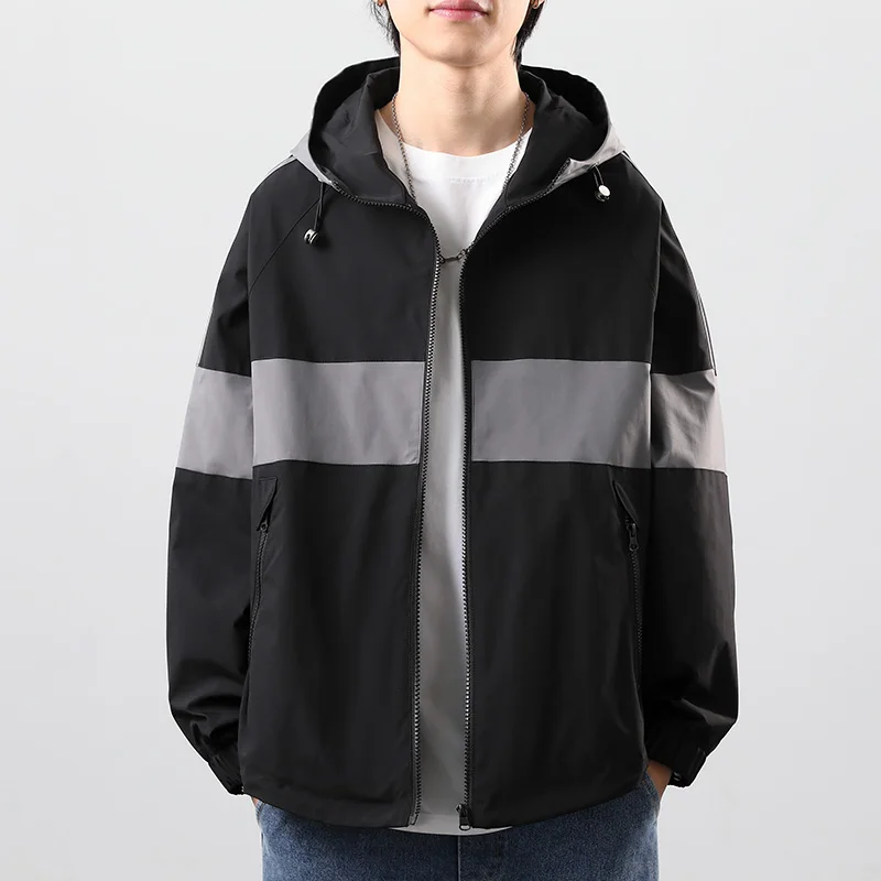Men Spring Autumn Tooling jacket Hooded Technical Coat  Lightweight Breathable Black Patchwork Vintage Outdoor Zipper Jacket