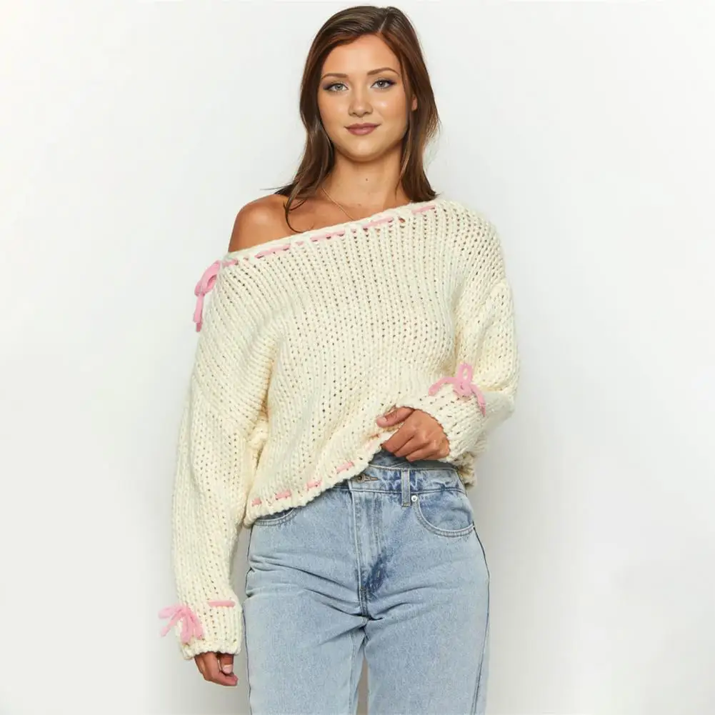 

Women Sweater Round Neck Long Sleeve Knitting Tops Solid Color Lace-up Bowknot Loose Fit Stretchy Knitwear