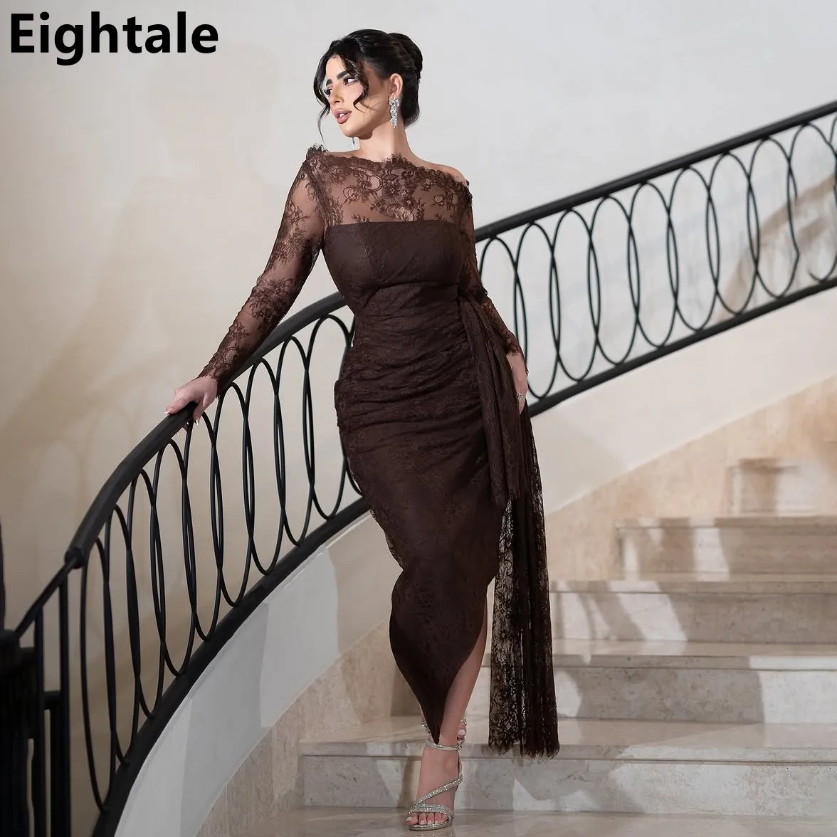 

Eightale Brown Lace Evening Dress Mermaid Off Shoulder Tea Length Prom Party Dress Women Dubai Formal Gowns Customized