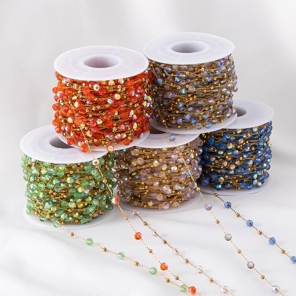 

0.5/1M/lot Stainless Steel Glass Round Bead Gold Color Bead Interval Chains For DIY Necklaces Chinese Tassel Chains Accessories
