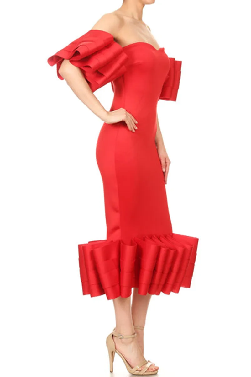 Feminino curto vermelho cetim vestido de noite, elegante, babados, bainha, querida, comprimento chá, baile, mãe da noiva