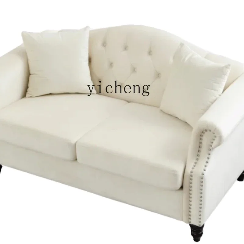 

ZF Creamy-white Fabric Pull Buckle Sofa Rural Retro Small Apartment New Straight Row Sofa