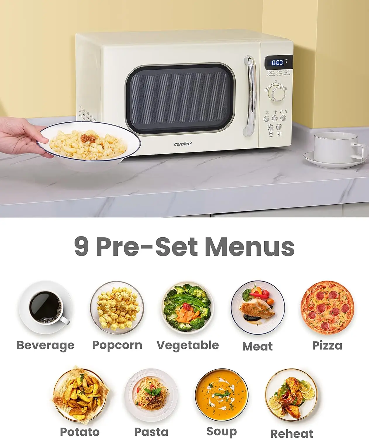 Forno de micro-ondas pequeno retrô com tamanho compacto, 9 menús predefinidos, bancada perfeita para espaços, 0,7 pés cúbicos/700 W, creme, AM720C2RA-A