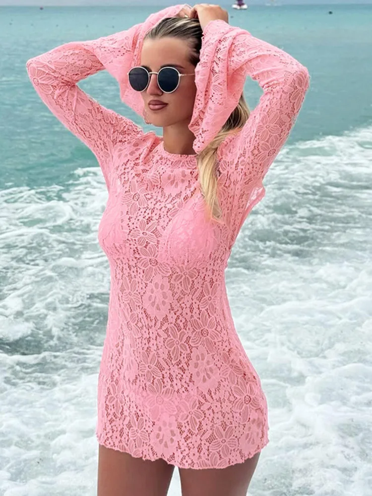 

Blifanbo Summer Lace Long Sleeve Dress Three-Piece Set Women Solid Patchwork Beach Holiday Triangle Cup Swimwear Three-Piece Set