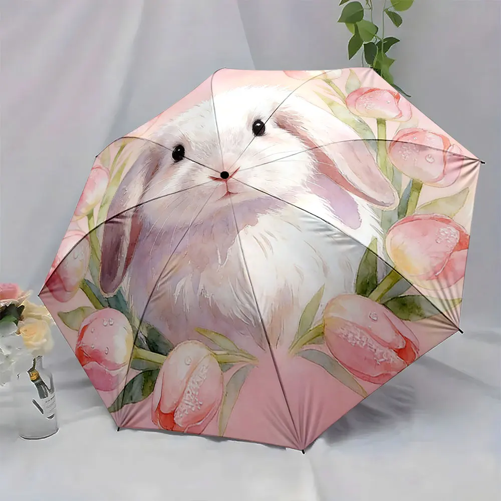 1PC Charming Umbrella with Rabbit and Tulip Design Print 8 Iron Ribs Folding Umbrella Auto-Open Fashion Sunshade