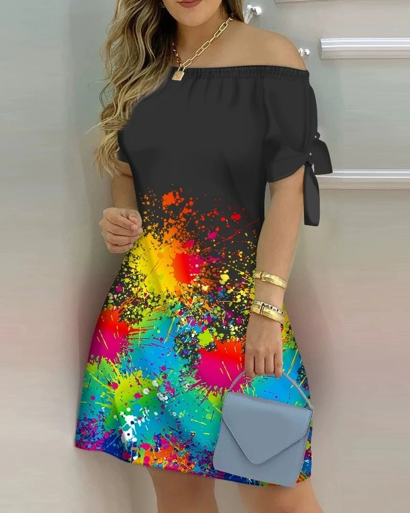 

Fashionable and Sexy Women's Printed Dress Women's One Shoulder Short Sleeve A-Line Dress Women's Off-Shoulder Mini Dress