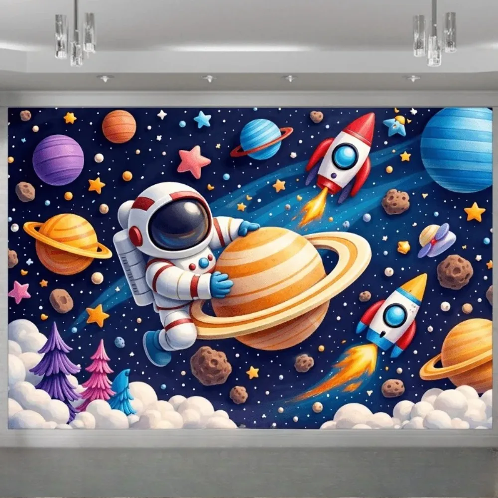 Cartoon Astronaut Rocket Planet Space Theme Banner Decoration Background, Birthday Party, Room Decoration Photography Background