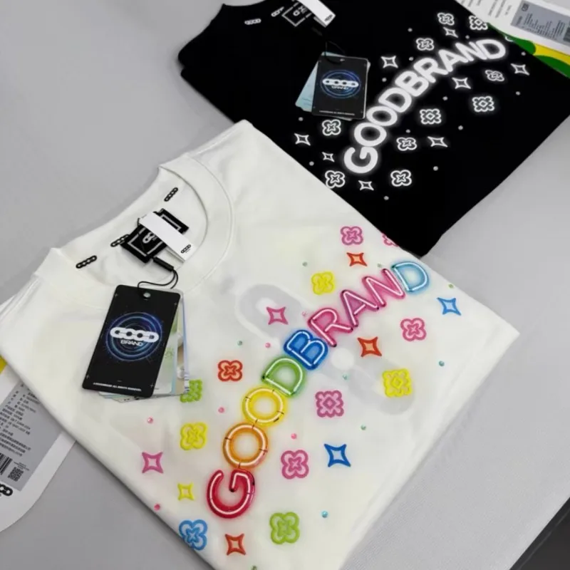 Colorful Neon Foam Letter Print GOODBRAND Tshirt Summer Fashion Street Men Women Round Neck Short Sleeve Casual Top Tees Outfit