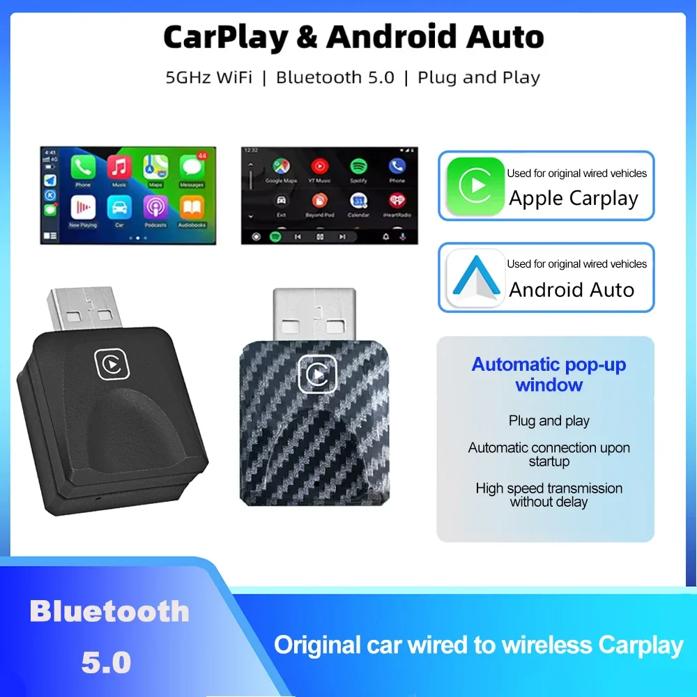 2 in 1 Wireless Carplay Adapter Smart Mini BOX Plug and Play Bluetooth 5.0 WiFi Fast Connect Plug and Play for OEM Wired CarPlay