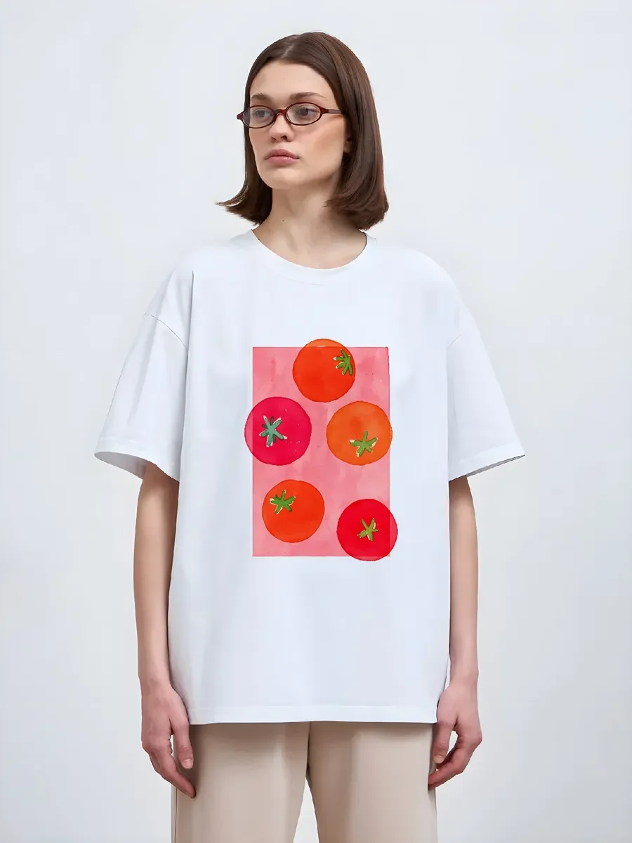 تي شيرت فني - تي شيرت برسومات الطماطم المائية - قميص أبيض أنيق كبير الحجم مصنوع من القطن بنسبة 100% لعشاق الفن وعشاق النمط المنعش #1