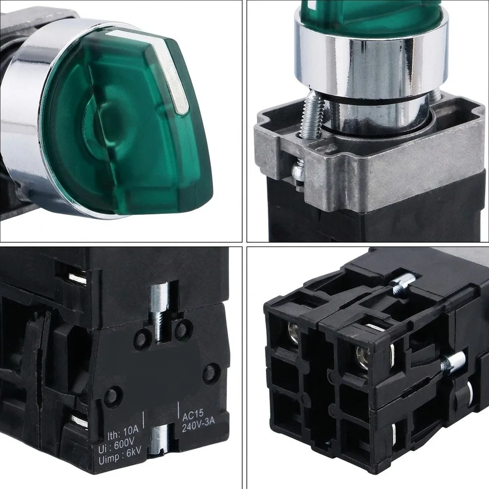 2pcs Three-Position Rotary Switch with Green LED Indicator for 12V 24V 220V 380V Applications Industrial Control Panel Mount