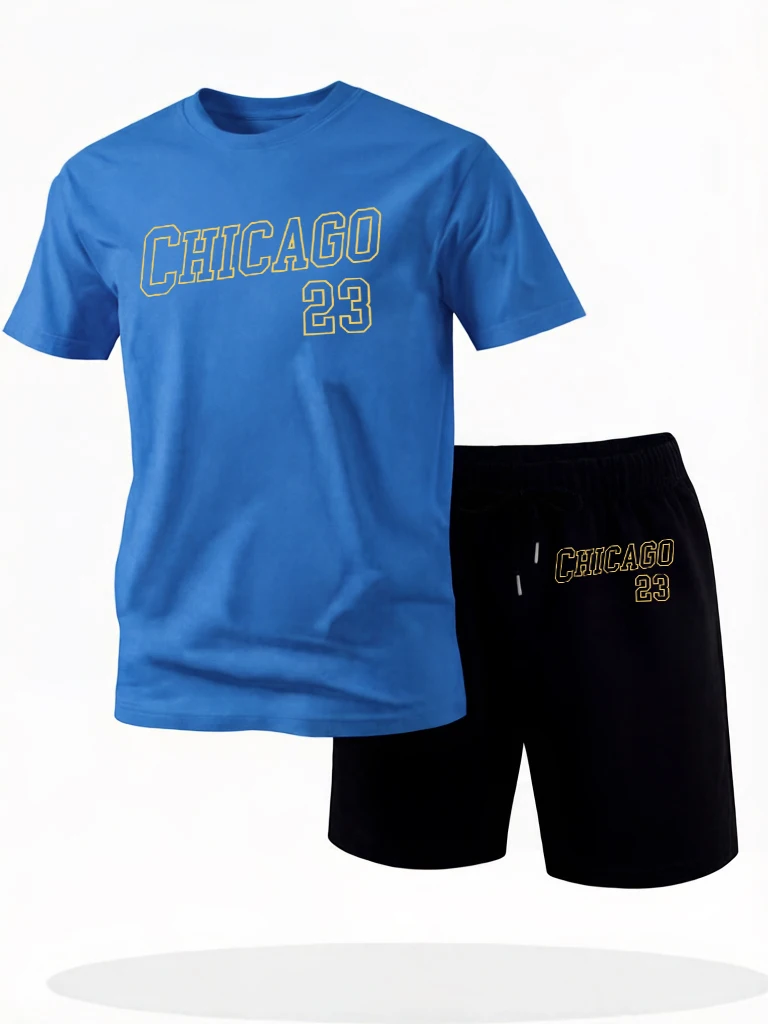 

Chicago Number 23 Prints Beach Running Cotton T Shirts Of Man'S Set Soft Fashion Short Sleeve Drawstring Summer Short Pants