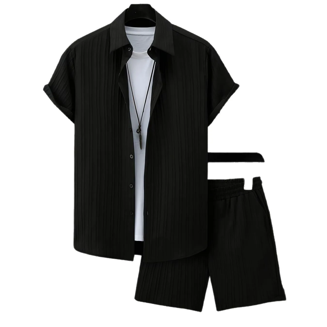 Summer Trend Men's Black Pleated Short Sleeve Shirt Shorts Suit Casual Street Boys Casual Suit - view 5