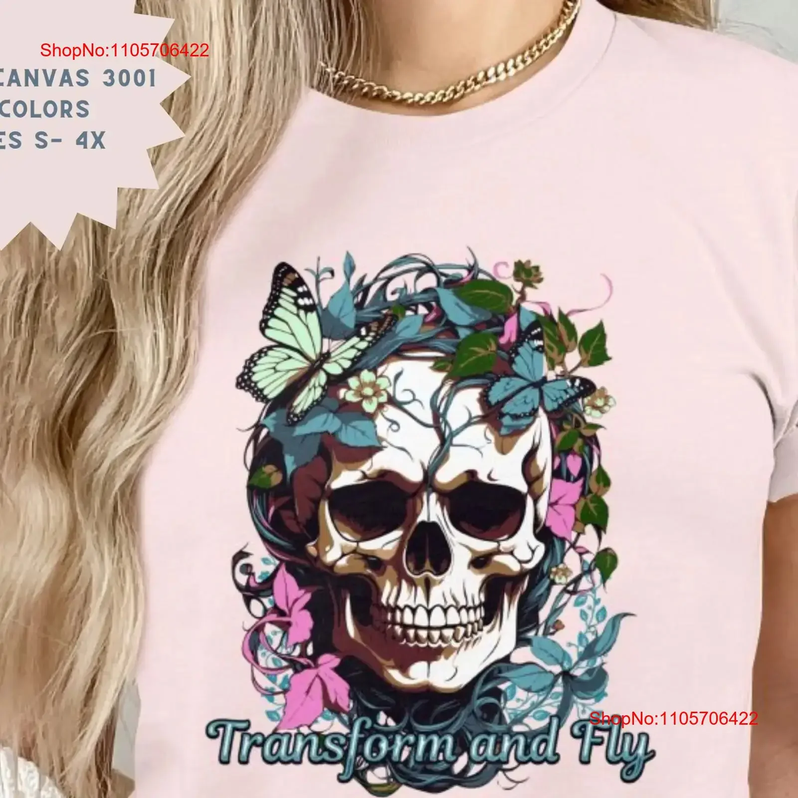 Gothic Skull T Shirt with Butterflies Transform and Fly Artistic Design Fashion Enigmatic ArT Graduation vintage Washed Stylish