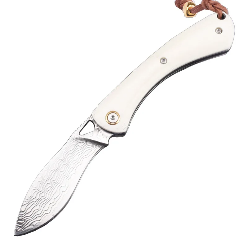 

806 Damascus Steel Ox Bone Handle Outdoor Folding Pocket Portable Camping Hiking Survival Tactical Fruit EDC Multitool Knives