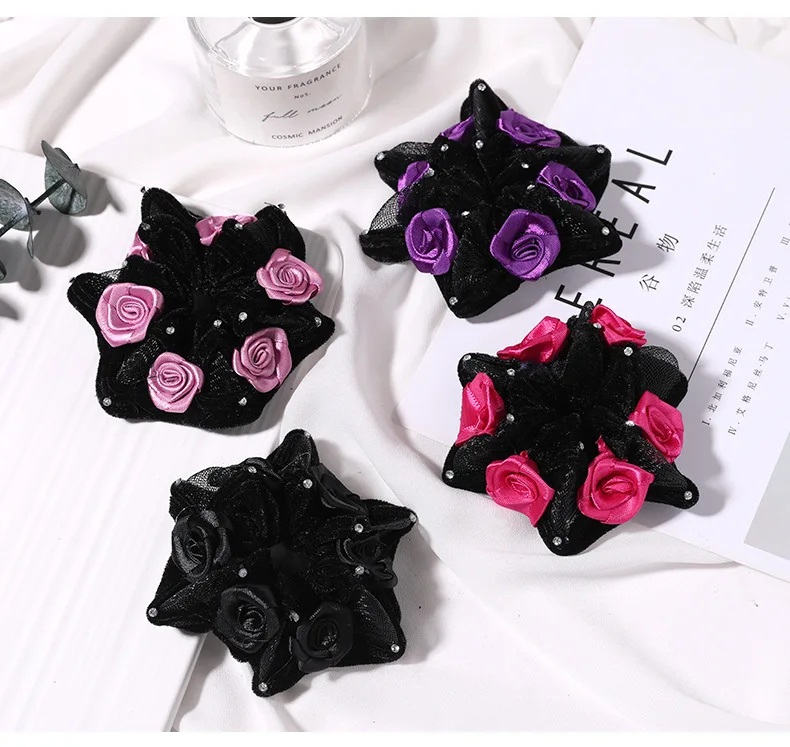 Fashion Chiffon Rose Hexagon Head Flower Rubber Band Hair Band Color with Diamond Velvet Hair Band Hair Band Hair Accessories