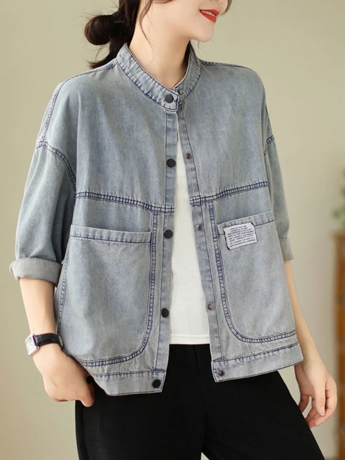 Women's Denim Jacket Spring Autumn Loose Fit Washed Retro Stand Collar Patchwork Label Workwear Style Pure Color Button Closure