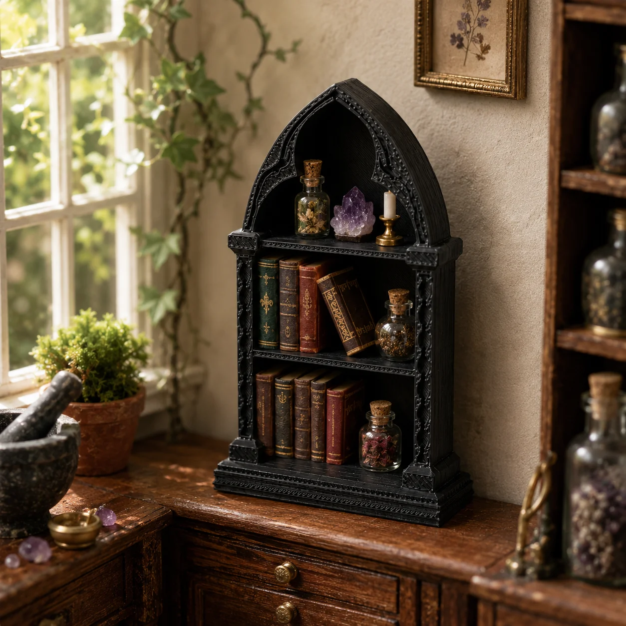 Miniature pointed-top niche storage rack, three-layer small shelves, doll house scene decorative accessories.