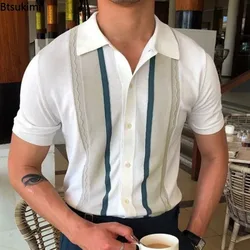 2024 Summer Men Short-sleeved Knitted Polo Blouse Cardigan Vintage Slim Stretch Tshirts Top Business Casual Male Shirts Clothing