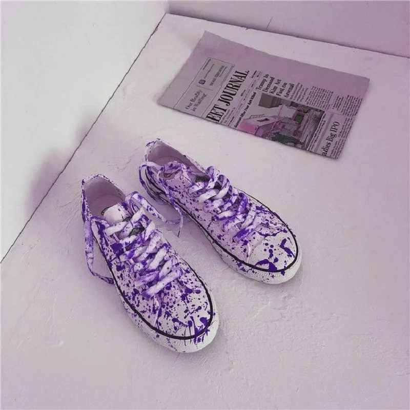 Fashion Graffiti Purple Sneakers Girls Boys Flat Trekking Shoes 2022 New Novelty Hand-made Painted Women\'s Canvas Sport Sneaker