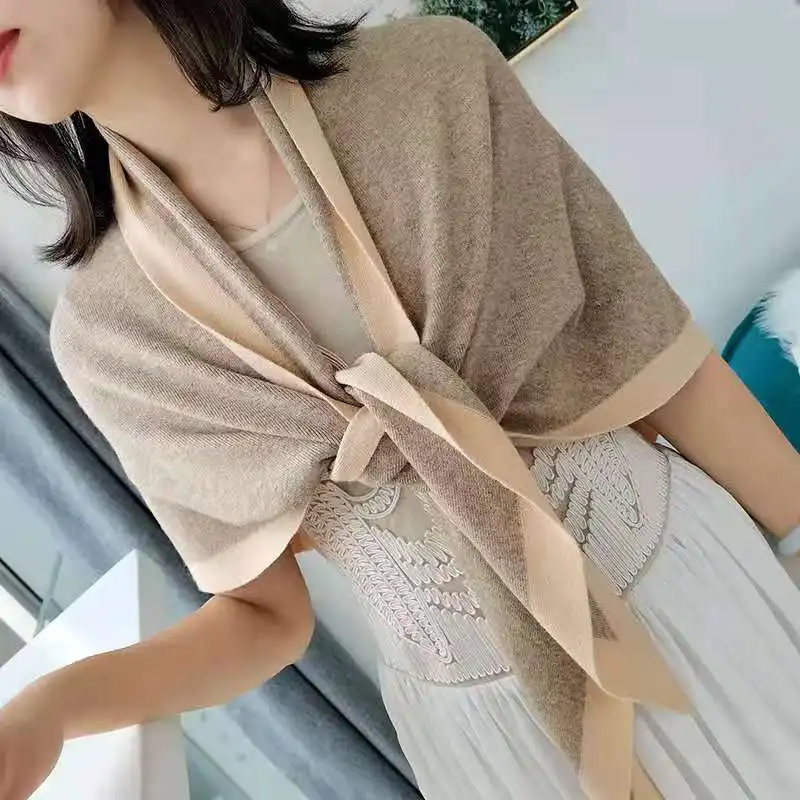 Women Wool Blend Cashmere Knitted Solid Color Triangular Shawl with Contrast Border Stole Wrap Scarf 7 Colors Dropshipping