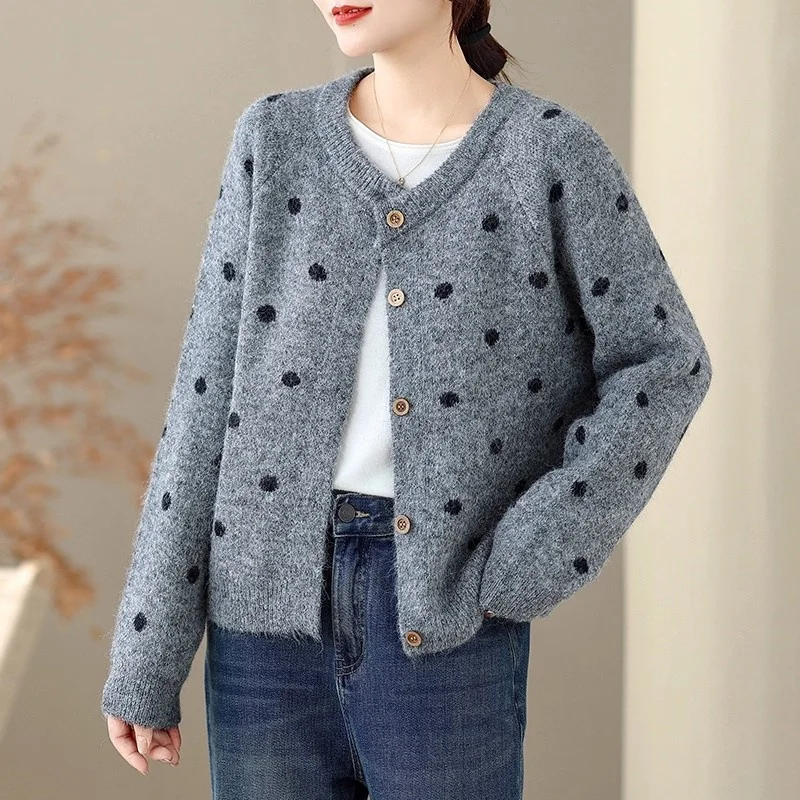 

Round Neck Retro Polka Dot Knitted Cardigan For Women, Loose Lazy Soft Temperament Sweater Jacket, Short Top W1629