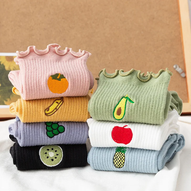 1Pairs Woman's Fashion Socks Crew Socks Women's Cartoon Fruit Socks Colorful Cotton Harajuku Socks Pink Green Brown Grey Socks