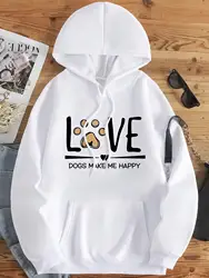 Love Dogs Make Me Happy Letter Graphic Printing Sweatshirt Women Street Hoody Hipster Soft Hoodie Hip Hop Warm Clothing Female