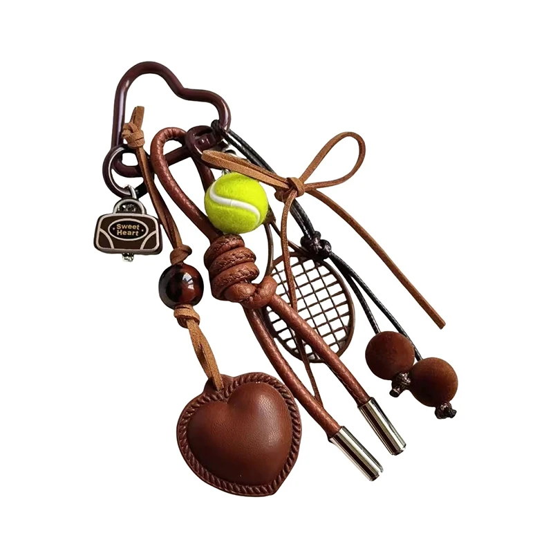 Hot Y2k Vintage Brown Leather Bow Heart Pendant Fashion Tennis Keychain Ins Braided Lanyard Keyring For Women Bag Pendant Charms