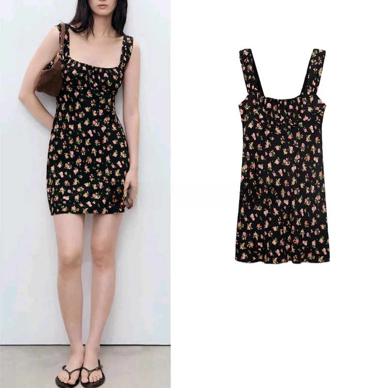 여름 신상 섹시 여성 스퀘어 넥 스트랩 A라인 숏 플로럴 프린트 드레스 하이웨이스트 민소매 출퇴근 스타일 폴리에스터 원단