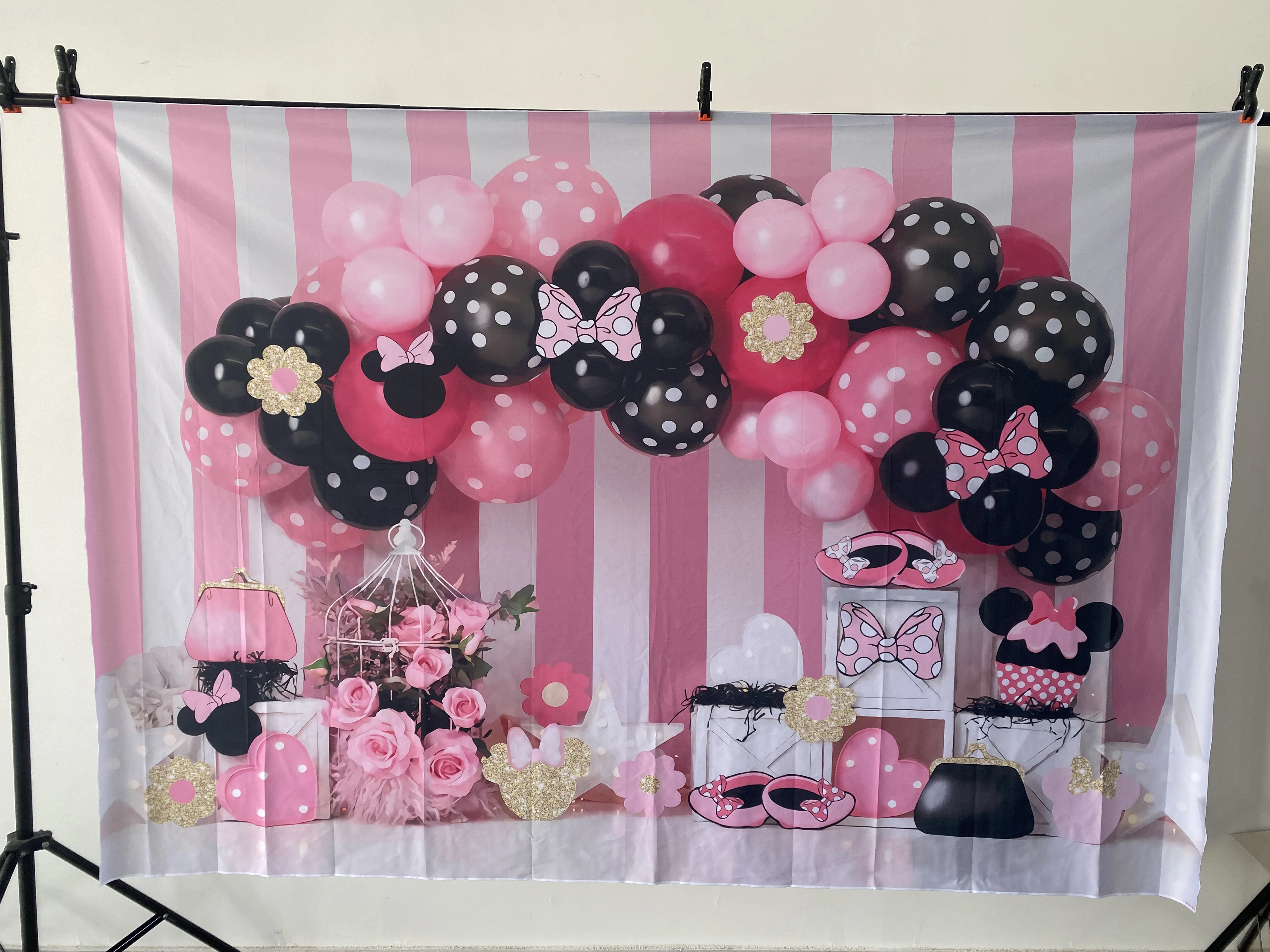 Disney Minnie Mouse Ballons Backdrop Pink White Strips Girl Birthday Party Photography Background Decorations Celebration Banner