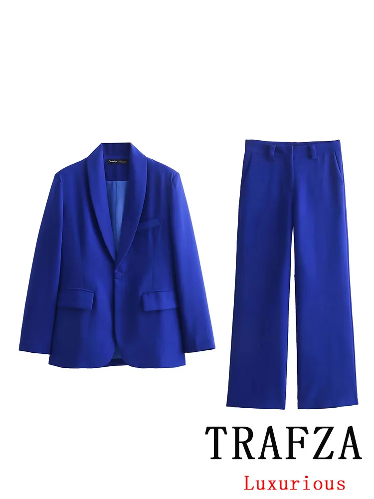 TRAFZA Vintage Chic Blue Solid Women Suit Single Button tasche Blazer pantaloni larghi dritti New Fashion 2024 Office Lady Sets