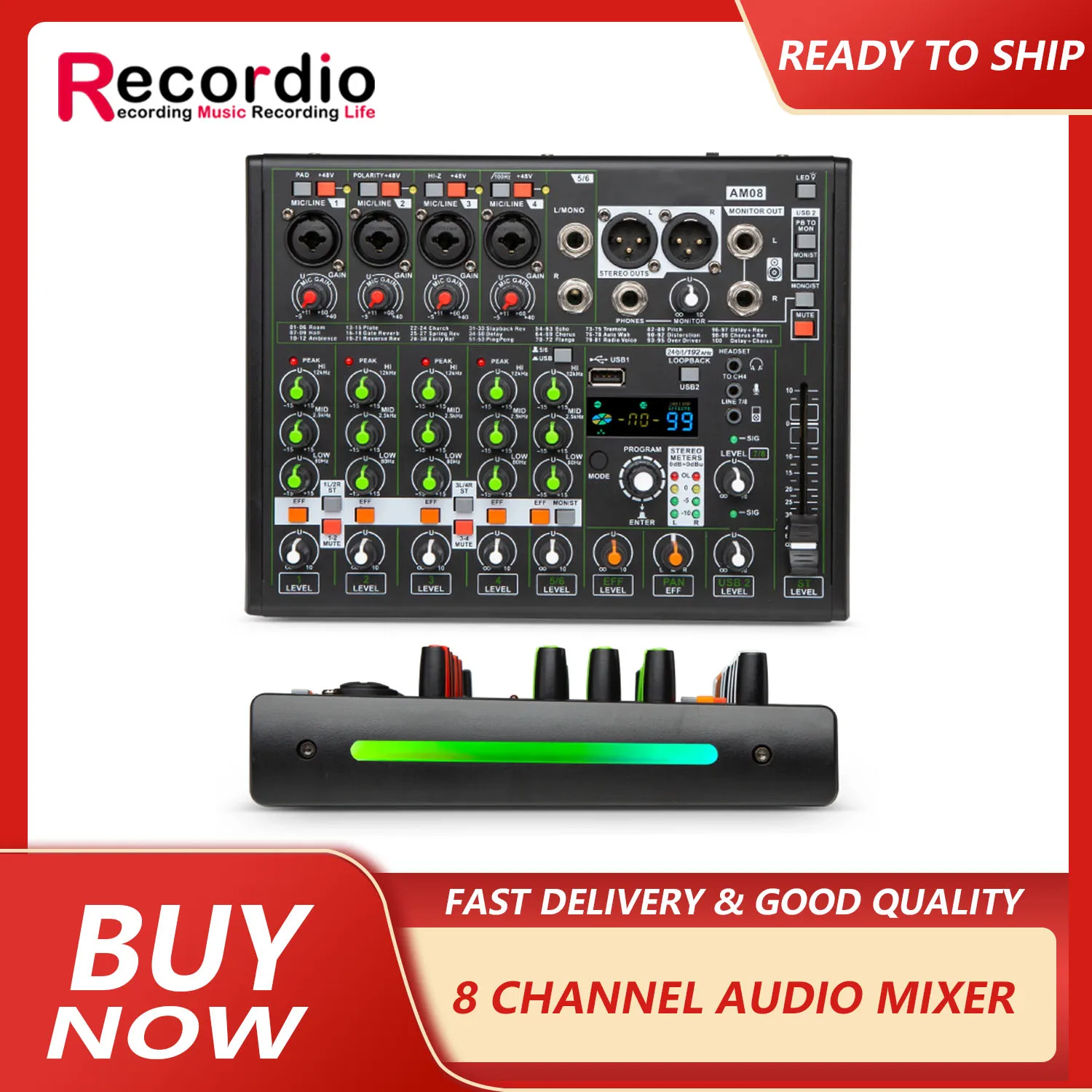 Professional 8-channel audio mixing console with OTG Blueteeth for live streaming outdoor performance