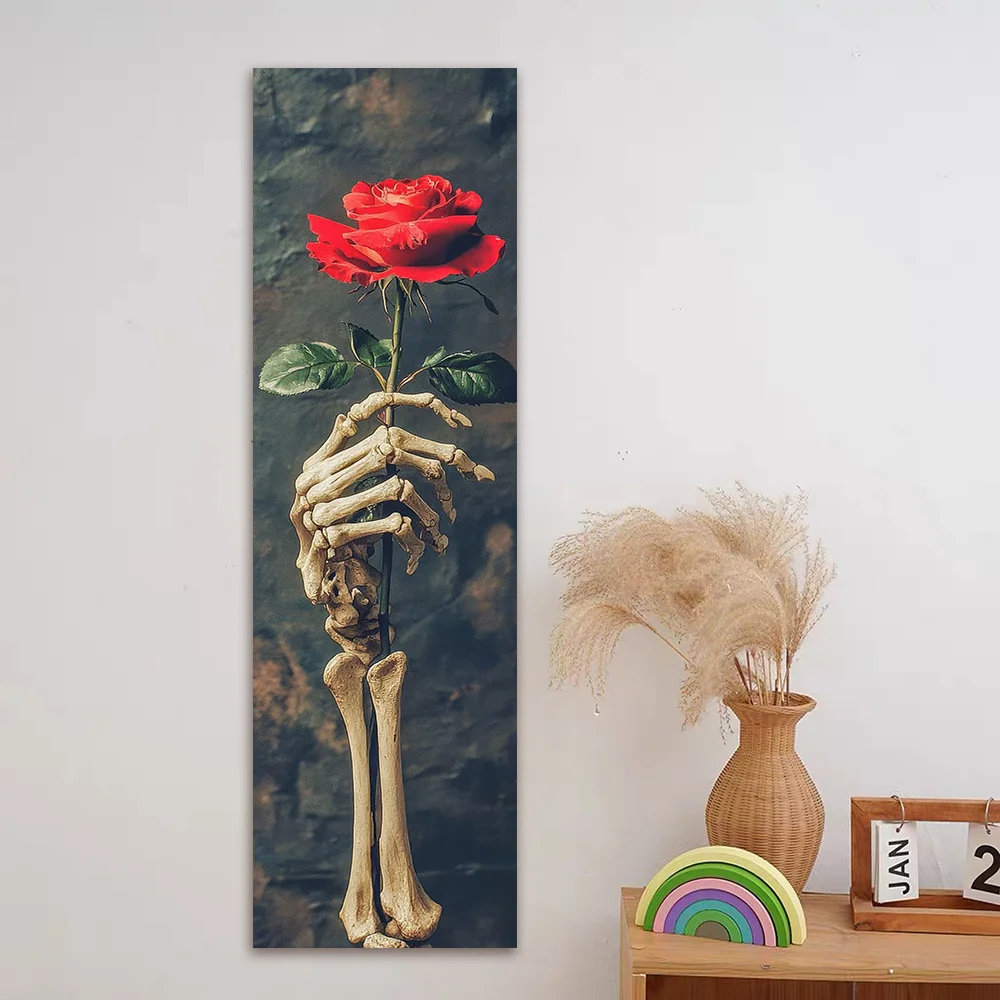 VIKAMA Retro Skeleton Hand Red Rose Tapestry - Dark Wall Hanging for Gothic Romantic Room, Aesthetic Home Decor