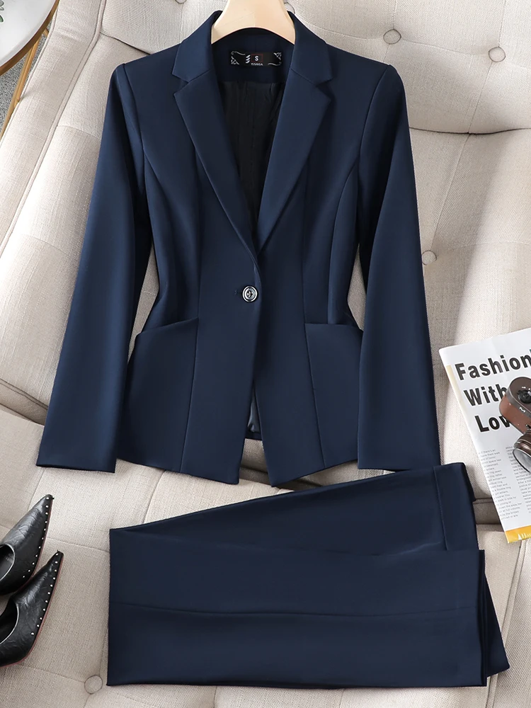 Office Ladies Formal Blazer And Pant Suit Women Female Red Black Navy Jacket Trouser Business Work Wear 2 Piece Set