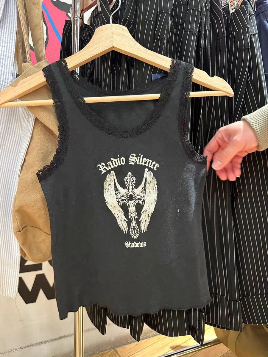 Cross Print Graphic Tank Top Woman Sleeveless Lace Trim Cotton Casual Camisole American Vintage Streetwear Y2k Crop Tops Clothes