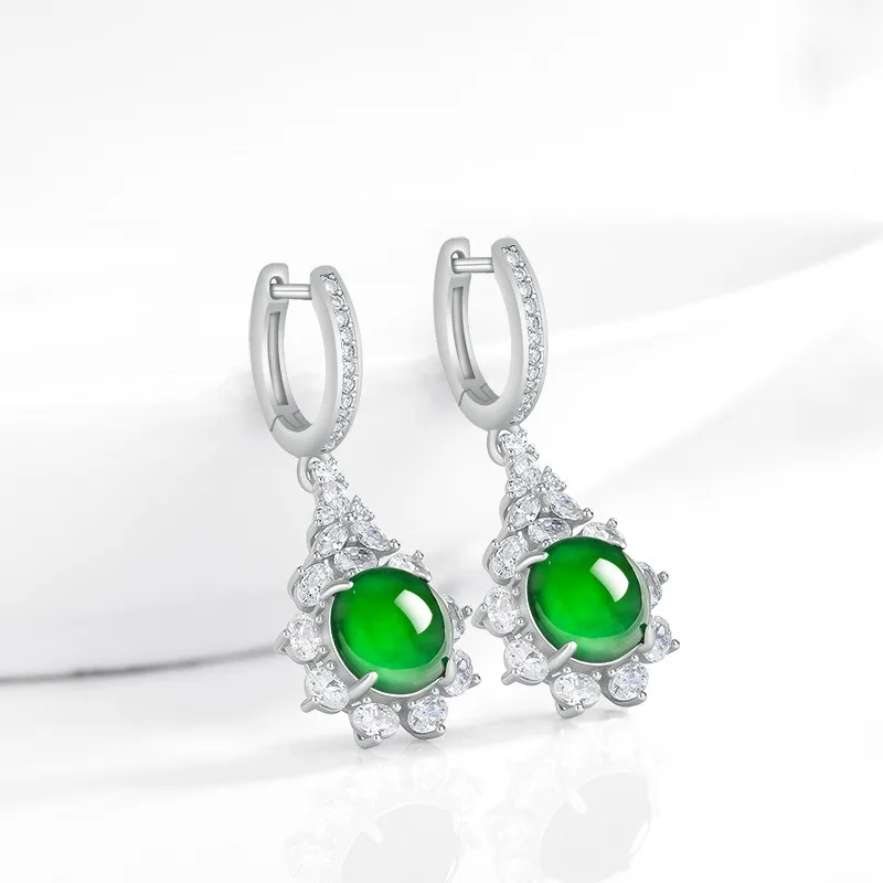 

TIMESWIND New Natural A-type Jade Green Bead Sunflower Teardrop Zircon S925 Silver Women Earrings with Certificate
