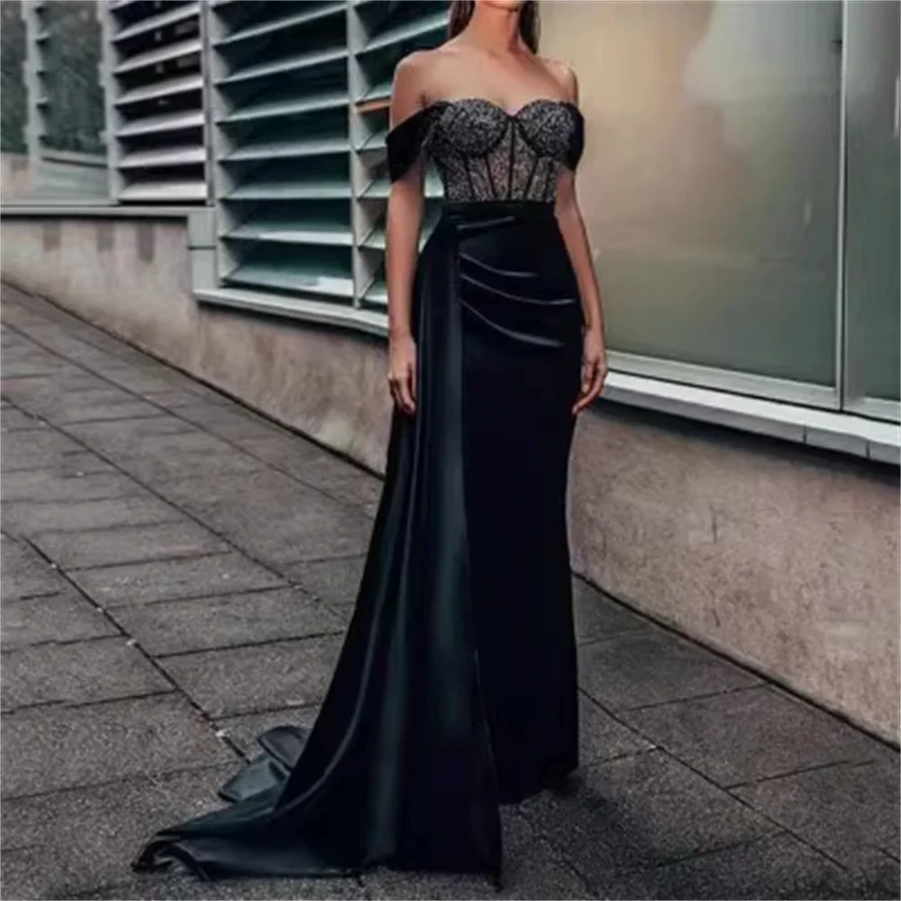 

Black Satin Strapless Mermaid Evening Dresses 2024 Off Shoulder Women Prom Gonws 2024 Floor Length Formal Occasion Dress