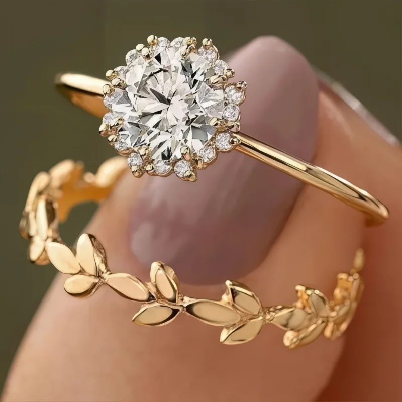 Elegant Luxury Synthetic Zirconia Wheat Charm Promise Rings Set for Women Delicate Temperament Wedding Engagement Jewelry Crafts