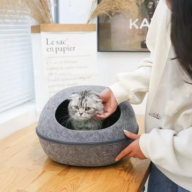 Four season universal felt eggshell cat nest semi closed, detachable, washable, breathable with cotton pad, paw print, air chang