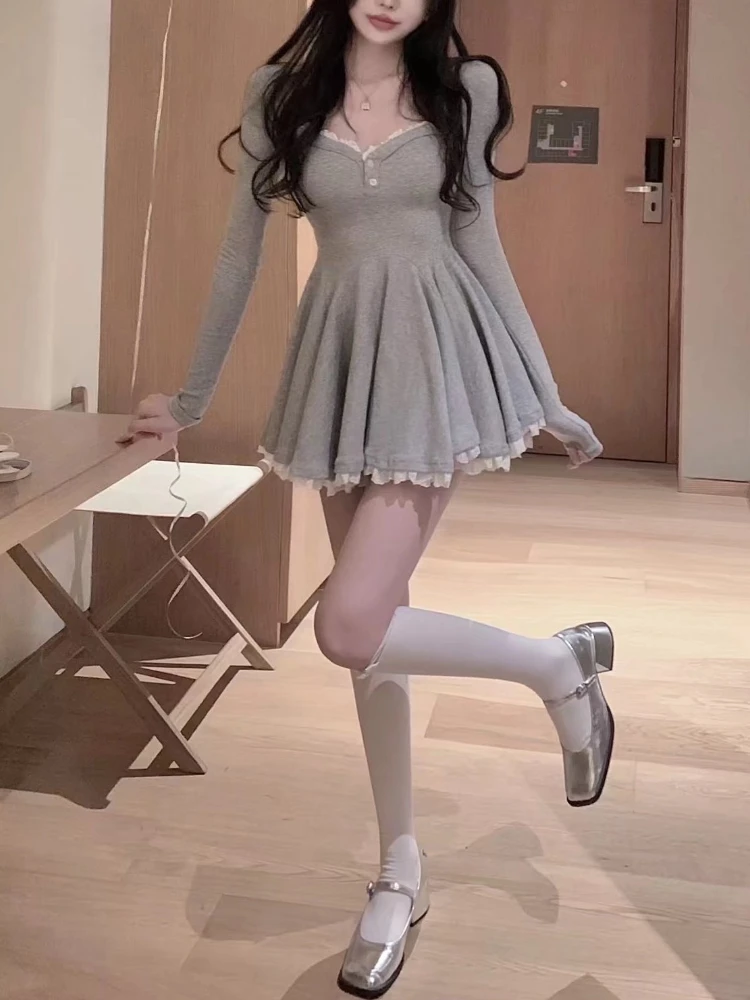 فستان نسائي طويل الأكمام من فيستدوس تونك بياقة مربعة بسيط موضة صغيرة Hotsweet الخريف الحلو الكورية نمط مريح ألف خط الطرف #5