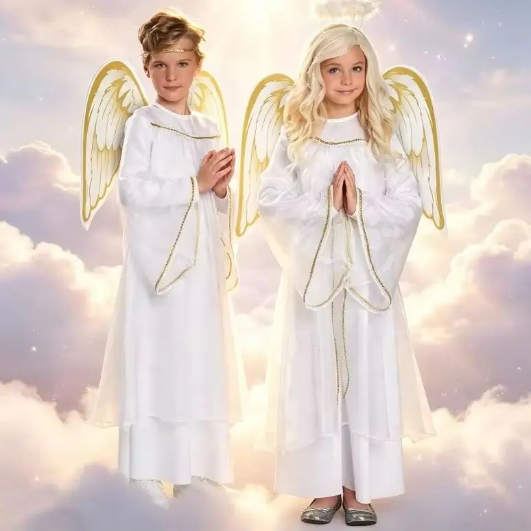 

Niño White Angel Dress Costume with Wings for Party Stage Performance Costume Angelic Cosplay Fancy Dress Outfit