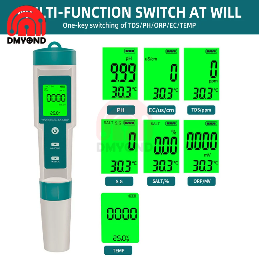 Digital 7 in 1 Water Quality Tester Water Quality Measurement Tool Test Pen PH/TDS/EC/Salinity/ORP/S.G/Temperature Measuring