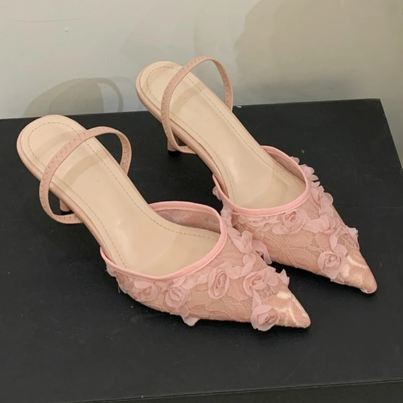 

Mesh Breathable Flower Thin High Slippers Women Pointed Toe Pumps Mules Fashion Elegant Brand Dress Slingbacks Sandals Ladies