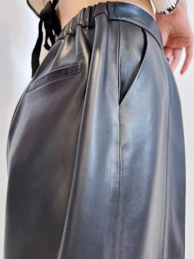 Floor Length Leather Trousers Women Italian Fashion Ladies High Quality Genuine Sheepskin Loose Wide Leg Waterfall Long Pants