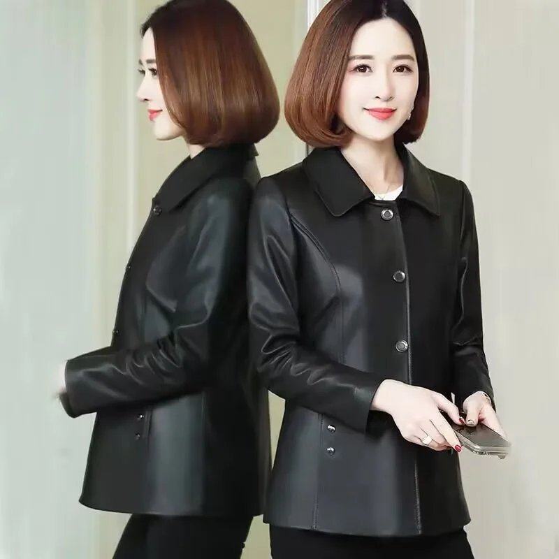 Middle Aged Mother Large Size 5XL Faux Leather Outcoat 2024 Lady Add Cotton Leather Top Autumn Female PU Leather Jacket