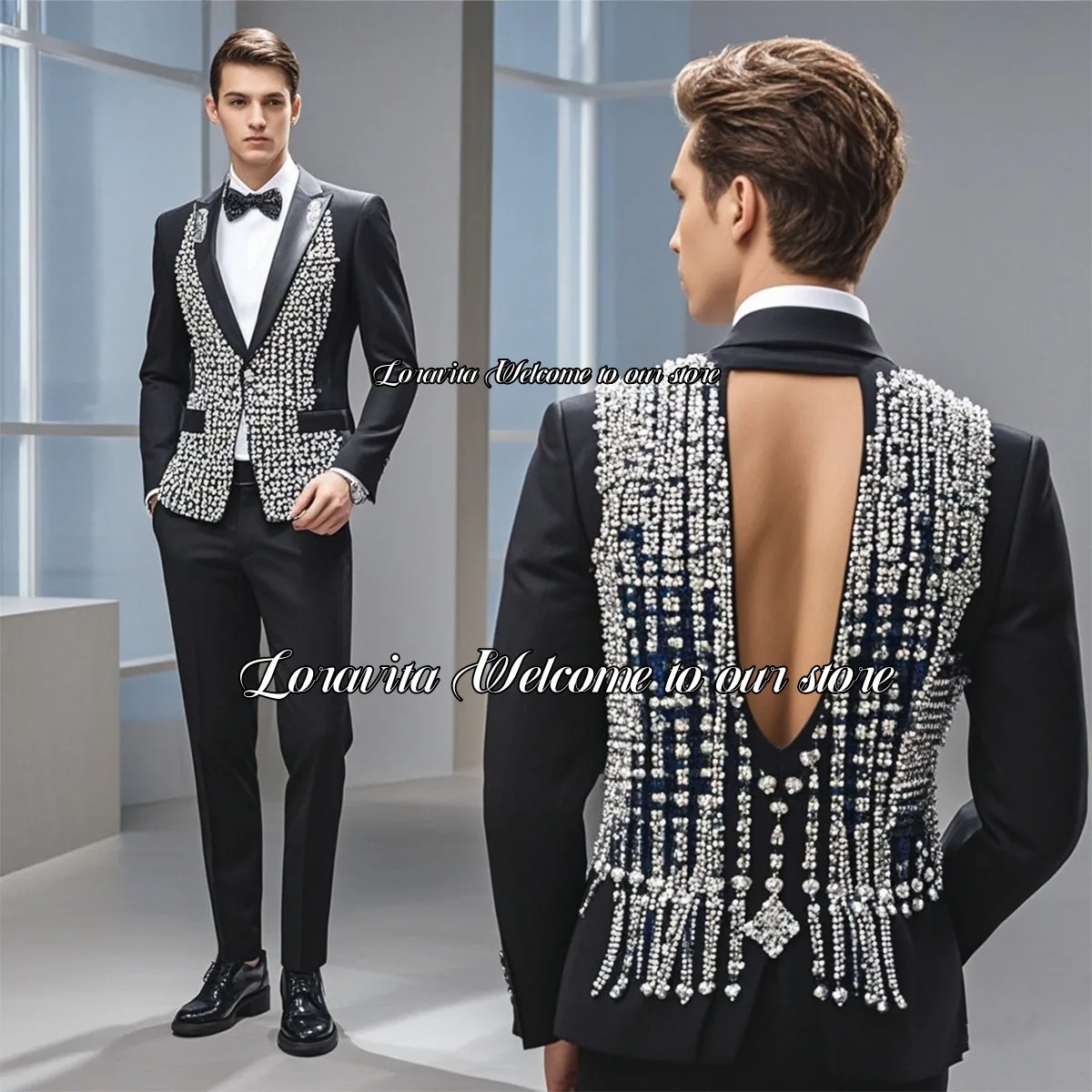 Luxury Hollow Back Wedding Groom Tuxedos Sparkly Beaded Crystals Men Suits 2 Pieces Male Prom Blazerstraje de hombre elegante