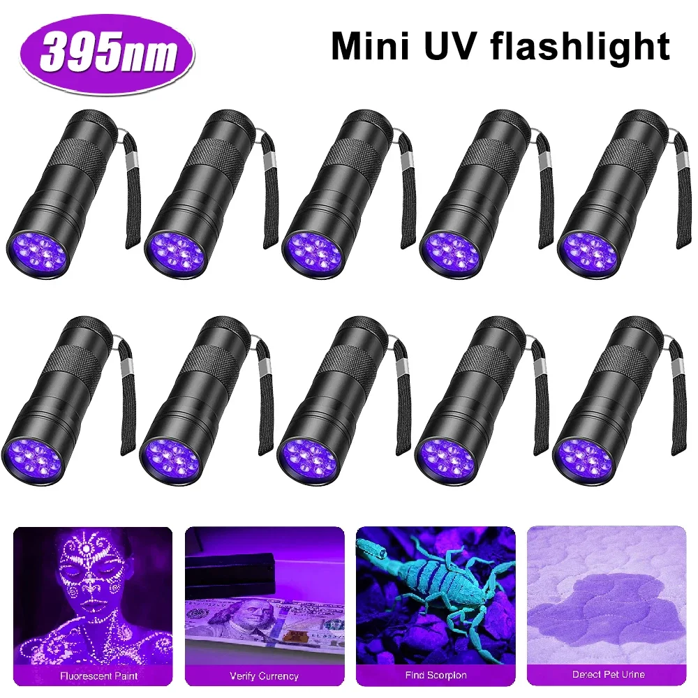 1-10PCS 12 LED UV Flashlight 395nm Mini Ultraviolet Torch Waterproof Emergency Inspection Handheld Violet Light Detector Tools