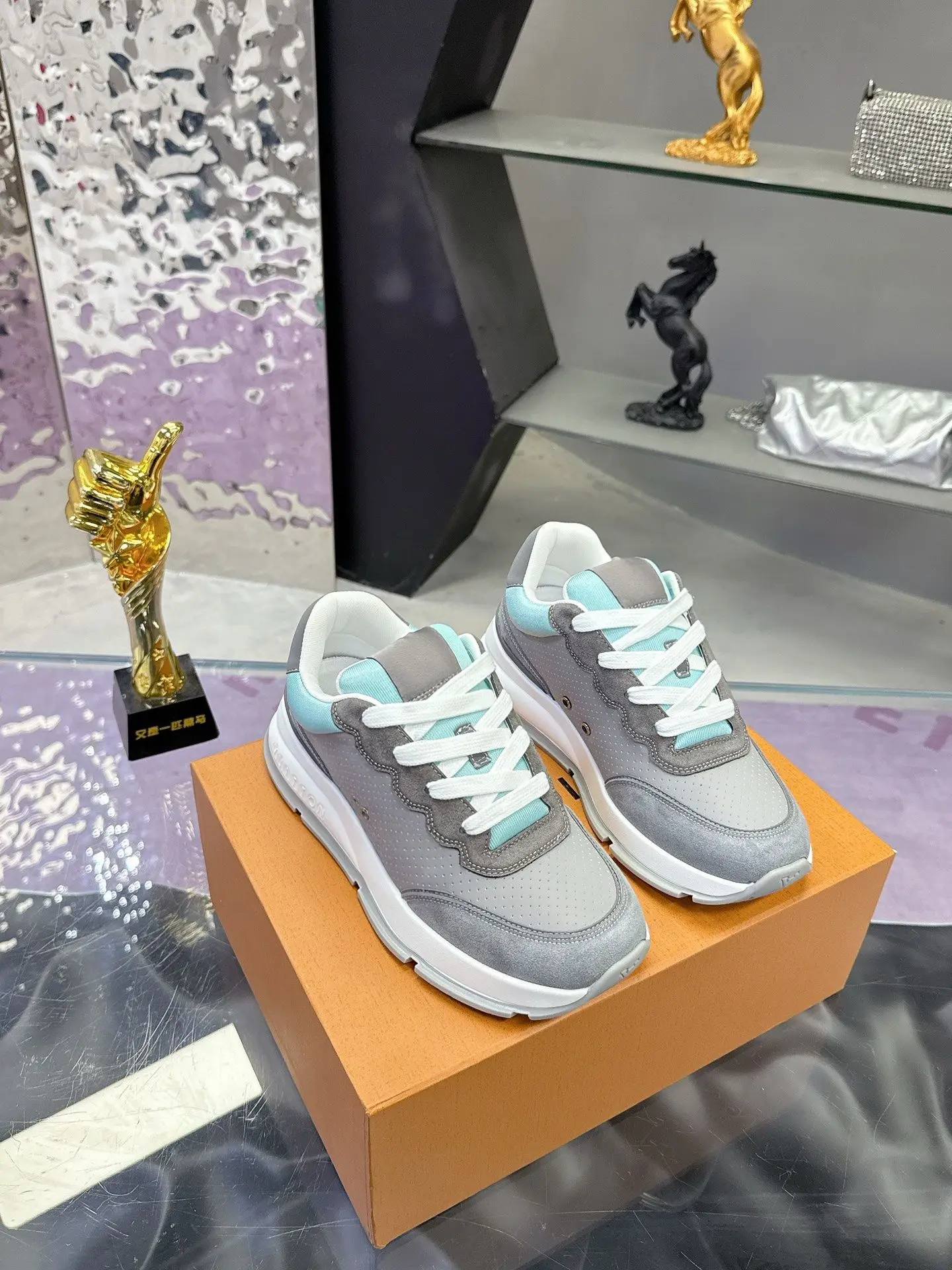 Women Grey Light Blue Patchwork Casual Sneakers Wavy Edge Suede Splicing Thick Platform Sole Lace Up Height Increasing Retro Walking Shoes