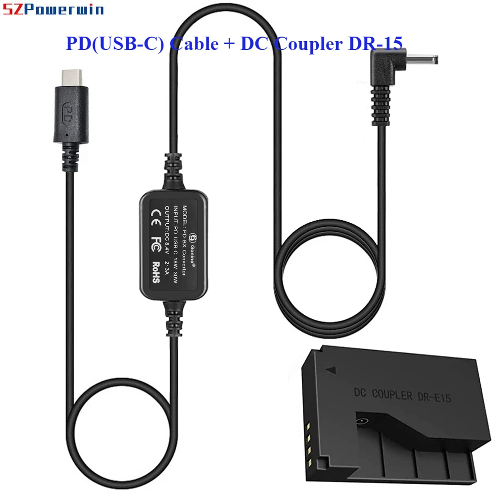 PD USB-C DR-E15 Dummy Battery DC Coupler ACK-E15 Kit for Canon EOS Rebel SL1, 100D DSLR, Kiss X7, PowerShot SX70 HS Cameras